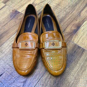Tory Burch Tan Patent Leather Logo Loafers